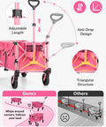 Highlighted features of the 38 Inch Long Foldable Wagon Hauler With 360 Lb Load Capacity For Grocery Runs Camping And Beach Trips 220L Folding Utility Garden Cart With Detachable Wheels Lightweight 17 Lb Pink include adjustable handle, anti-drop design, and efficient maneuverability.