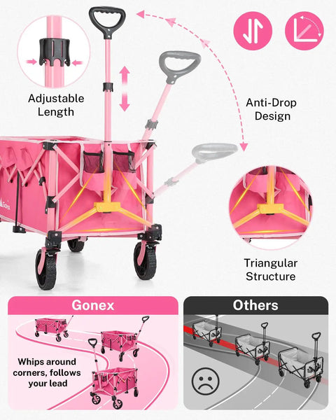 Highlighted features of the 38 Inch Long Foldable Wagon Hauler With 360 Lb Load Capacity For Grocery Runs Camping And Beach Trips 220L Folding Utility Garden Cart With Detachable Wheels Lightweight 17 Lb Pink include adjustable handle, anti-drop design, and efficient maneuverability.