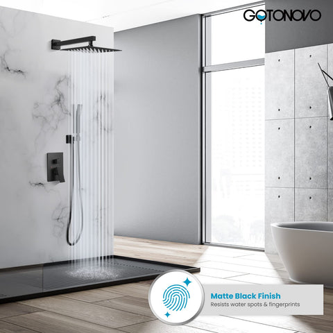 Rainfall Shower System 10 Inch Wall Mounted Matte Black High Pressure Square Shower Head And Pressure Balance Handheld Head