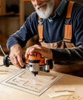 Man using Heavy Duty Acrylic Butterfly Router Templates And Bowtie Jig Kit For Knockout Woodworking Inlay Results, 8x7 inch clear frame.