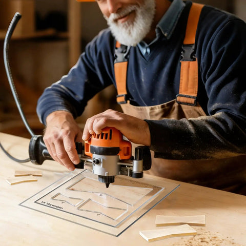 Man using Heavy Duty Acrylic Butterfly Router Templates And Bowtie Jig Kit For Knockout Woodworking Inlay Results, 8x7 inch clear frame.
