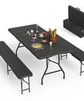 Six Foot Folding Picnic Table Set With Two Benches HDPE Wood Pattern Top Portable for Indoor Outdoor with Safety Locks, Black