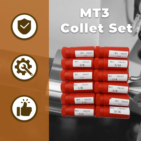Red MT3 Collet Set for Milling and Lathe Work from One Eighth to Three Quarters Inch with Three Eighths Inch Threaded Back Drawbar