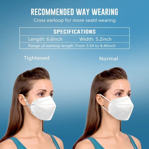 Two women wearing 5-Ply KN95 Face Mask 50 Pack Breathable Disposable Respirator with elastic ear loops and nose bridge clip.