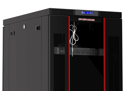 Tough As Nails 18U Server Rack Cabinet With Locking Doors, 39 Inch Deep, featuring digital temp controller and power strip.
