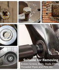 Close-up of 10 Piece Bolt Extractor Kit Set for Damaged Fasteners showing hex shank drill bit in action on various rusty bolts