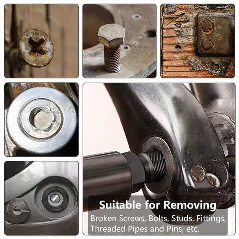 Close-up of 10 Piece Bolt Extractor Kit Set for Damaged Fasteners showing hex shank drill bit in action on various rusty bolts