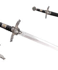 Medieval Knights Of Templar Themed Hunting Knife With Scabbard, 14 Inch Overall Length, 9 Inch Blade, ornate metal handle detail