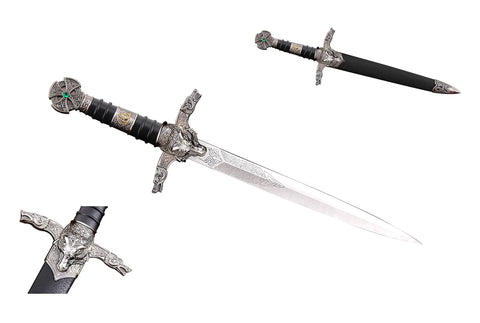 Medieval Knights Of Templar Themed Hunting Knife With Scabbard, 14 Inch Overall Length, 9 Inch Blade, ornate metal handle detail