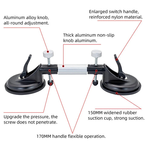 Two Pack 6 Inch Adjustable Granite Seam Setter With Strong Suction Cups For Stone Marble And Glass Slab Installations, showing detailed suction cups, aluminum knobs, and reinforced handle for seam leveling.