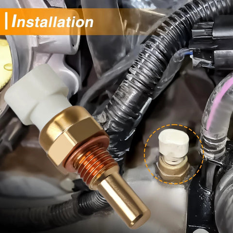 Coolant temperature sensor (ECT) with brass threaded probe and white plastic connector, automotive part