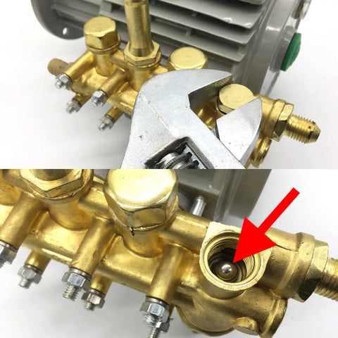 Water Induction Pressure Switch For 280 380 Car Washers Replacement Switch Connector Easy Install Auto Start And Shutoff High Pressure Washer Accessory Pro Grade brass valve close-up with wrench and red arrow