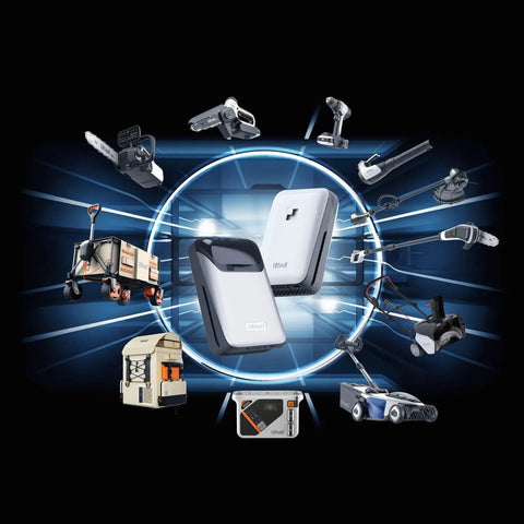 Assorted power tools and devices encircling a central unit, showcasing versatility in tool applications.