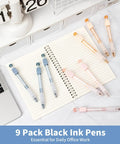 Nine Pack Gel Pens With 0.5mm Black Ink Fidget Cube Pen on notebook, ABCD roller cube for decisions, ideal for office notes