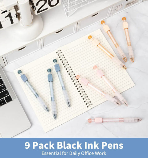 Nine Pack Gel Pens With 0.5mm Black Ink Fidget Cube Pen on notebook, ABCD roller cube for decisions, ideal for office notes