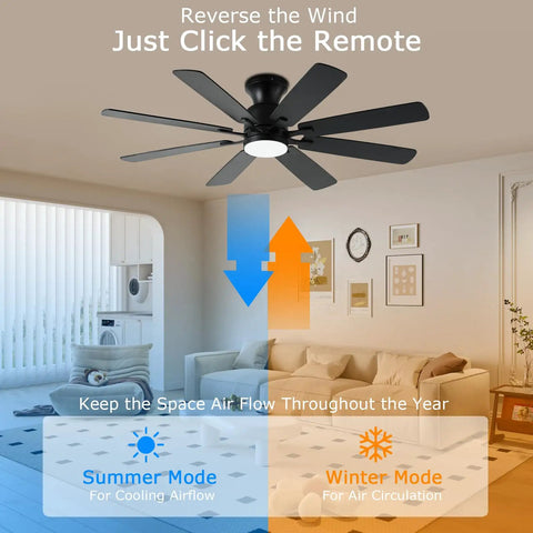 52 Inch Flush Mount Ceiling Fan With Light Easy Remote Or App Control Eight Blades Noiseless DC Motor Low Profile Indoor Black