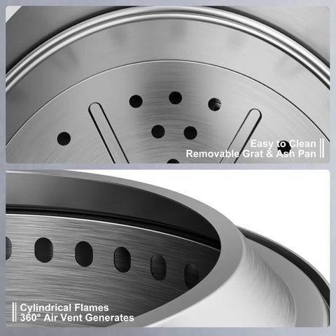 Close-up of 15 inch stainless steel smokeless outdoor fire pit with removable ash pan and dual chamber airflow design.