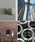 Collection of industrial and home items including a metal switch, architectural structure, barbecue tools, and metal gear parts.