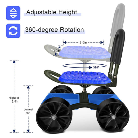 Side view of Garden Cart Rolling Stool With Four Wheels And Tool Bag Adjustable Seat Height And Direction Sturdy Yard Work Ready 300 Lb Capacity Rust Resistant Metal Includes Handy Tray Blue showing seat adjustments.