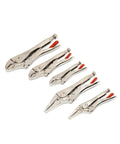 Five Piece Curved And Long Nose Locking Pliers Set With Wire Cutter Angled Teeth For Superior Grip Knurled Adjustment Screw With Hex Key Receiver