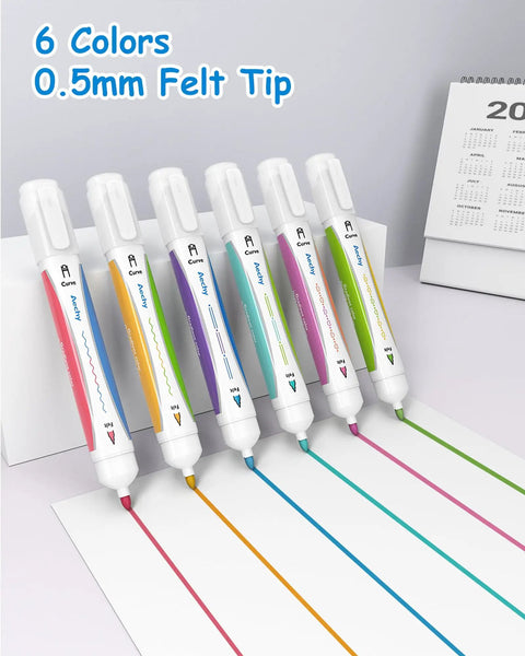 Dual Color Highlighter Pens Set With One Stroke Two Colors 6 Vibrant Inks 3 Curve Shapes Acid Free No Bleed