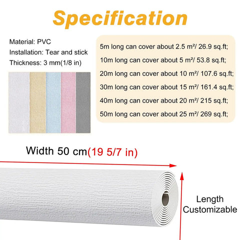 Knockout Look Waterproof Peel And Stick Wallpaper Roll specifications showing PVC material, width 50 cm, and customizable length details.