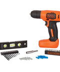 Eight Volt Max Cordless Drill With Forty Three Piece Home Decor Project Kit Including Level And Bits And Fasteners For Drilling