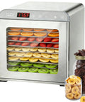 Heavy Duty Ten Tray Food Dehydrator Machine That Runs Smooth Like A Champ With 800W Turbo Power And Reliable Timer, showcasing dehydrated fruits.