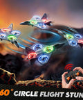 Four Mini Stunt RC Plane Drones With LED Lights performing 360-degree flips, controlled by a 2.4GHz remote, designed for kids and adults.
