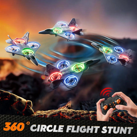 Four Mini Stunt RC Plane Drones With LED Lights performing 360-degree flips, controlled by a 2.4GHz remote, designed for kids and adults.