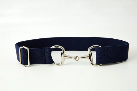 Equestrian Elastic Belt For Women Two Piece Riding Belt Set With Gold Surcingle And Silver Bit Buckle Dark Blue Adjustable Waist Belt