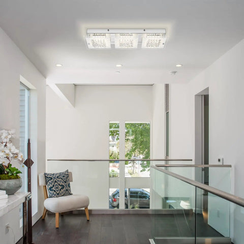 Crystal Rectangle Ceiling Light Fixture Flush Mount LED in modern hallway with sparkling crystal accents, dimmable 18W 4000K.