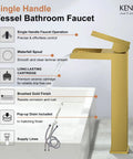 Gold Vessel Sink Faucet Brushed Gold Tall Waterfall Bathroom Vanity Faucet With Single Handle and Pop Up Drain