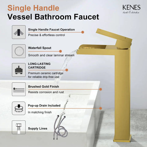 Gold Vessel Sink Faucet Brushed Gold Tall Waterfall Bathroom Vanity Faucet With Single Handle and Pop Up Drain