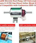 12V Inline Electric Fuel Pump Low Pressure 5-9 PSI For Gas And Diesel Universal Fit Metal Solid Body Compatible With Carburetors