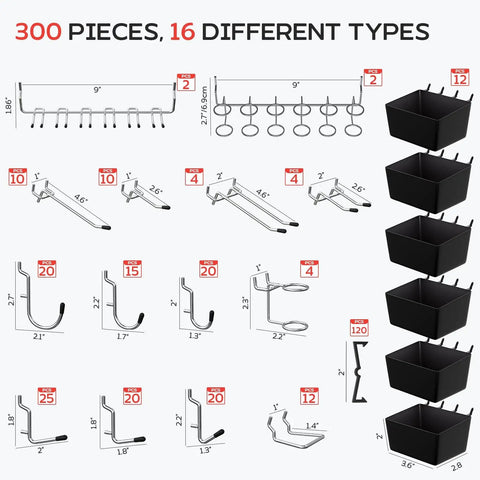300 Piece Pegboard Hooks Kit With Bins For 1/8 And 1/4 Inch Pegboards All In One Tool Organizer showing hooks, bins, rings