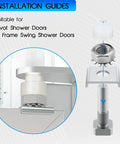 Installation guide for Upgraded Shower Door Pivot Pin Replacement Kit For Framed Glass Swing Doors showing stainless steel hinge parts.