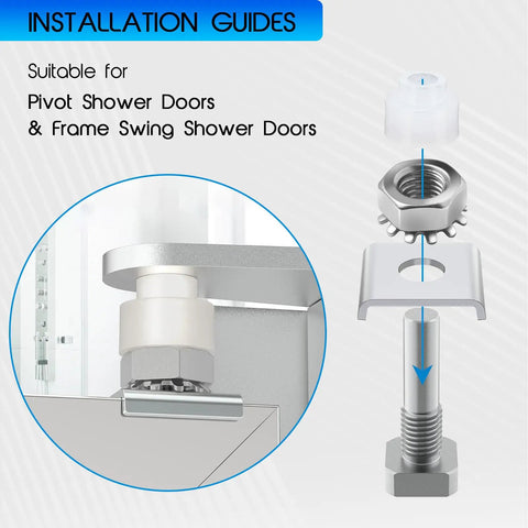 Installation guide for Upgraded Shower Door Pivot Pin Replacement Kit For Framed Glass Swing Doors showing stainless steel hinge parts.