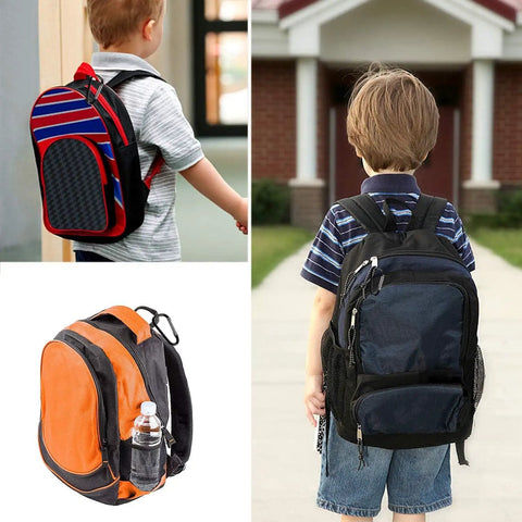 Young children wearing colorful backpacks, striped red, solid blue, and orange with water bottle holder, ideal for school.