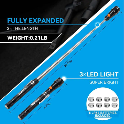 Telescoping Magnet Pickup Tool With 3 LED Magnetic Flashlight, Cool Gadget Gift For Men And Women, extended view, black finish