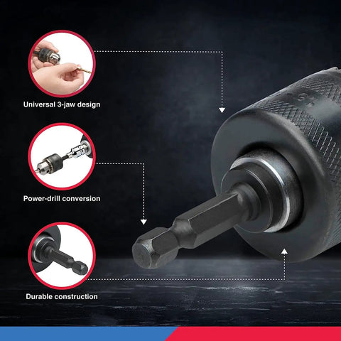 3/8 Inch Pro Grade Drill Chuck Adapter for Impact Drivers with 1/4 Inch Quick Change Shank with 3-jaw design and durable construction