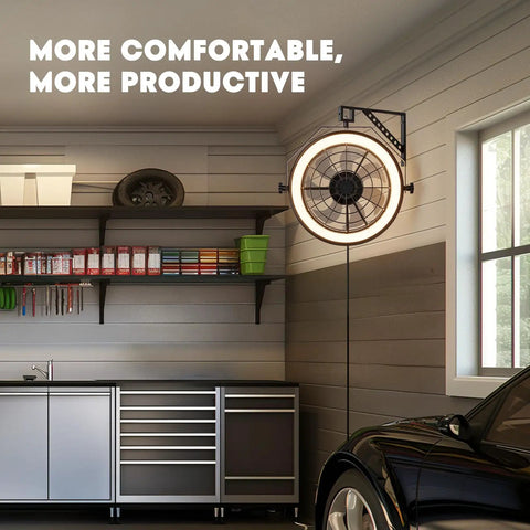 Wall Mounted Fan With Lights 23 Inch Remote And App Control 6 Speeds Dimmable 3 CCT in garage setting