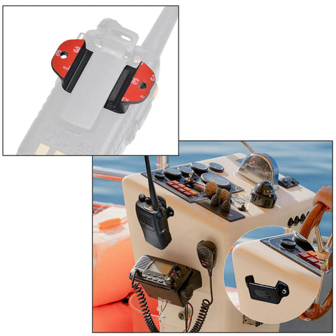 Dashboard Mount For Handheld Radios With Belt Clip No Fuss Install Car Boat Walkie Talkie Holder Pack Of 2 shown on boat dashboard