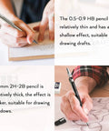Person using Do It All Six Piece Art Mechanical Pencil Set For Writing, Sketching And Drawing with different lead sizes.
