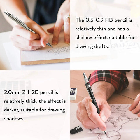 Person using Do It All Six Piece Art Mechanical Pencil Set For Writing, Sketching And Drawing with different lead sizes.