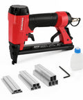 Red pneumatic 20 gauge staple gun for upholstery and carpentry, T50 style stapler with 1260 staples and accessories, rear exhaust.