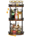 3 Tier Rotating Lazy Susan Spice Rack With Adjustable Height For Cabinet Pantry And Kitchen Counter Quick Glide Smooth Turn, showcasing spices and oils.