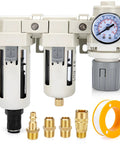 Pro Grade Heavy Duty Air Pressure Regulator With Auto And Semi Auto Drain Dual Filter Water Separator For Air Compressors. Three eighth NPT 0-150 PSI polycarbonate bowl, high flow system includes connectors and tape, frontal view.