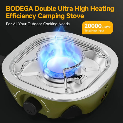 Dual Burner Portable Camping Stove With 20000 BTU Total Power showing flaming burner and control knobs on side