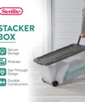 4 Pack Modular Stacker Box Set Of Durable Clear Plastic Storage Bins With Latching Lids 160 Quart Capacity in use with heavy items